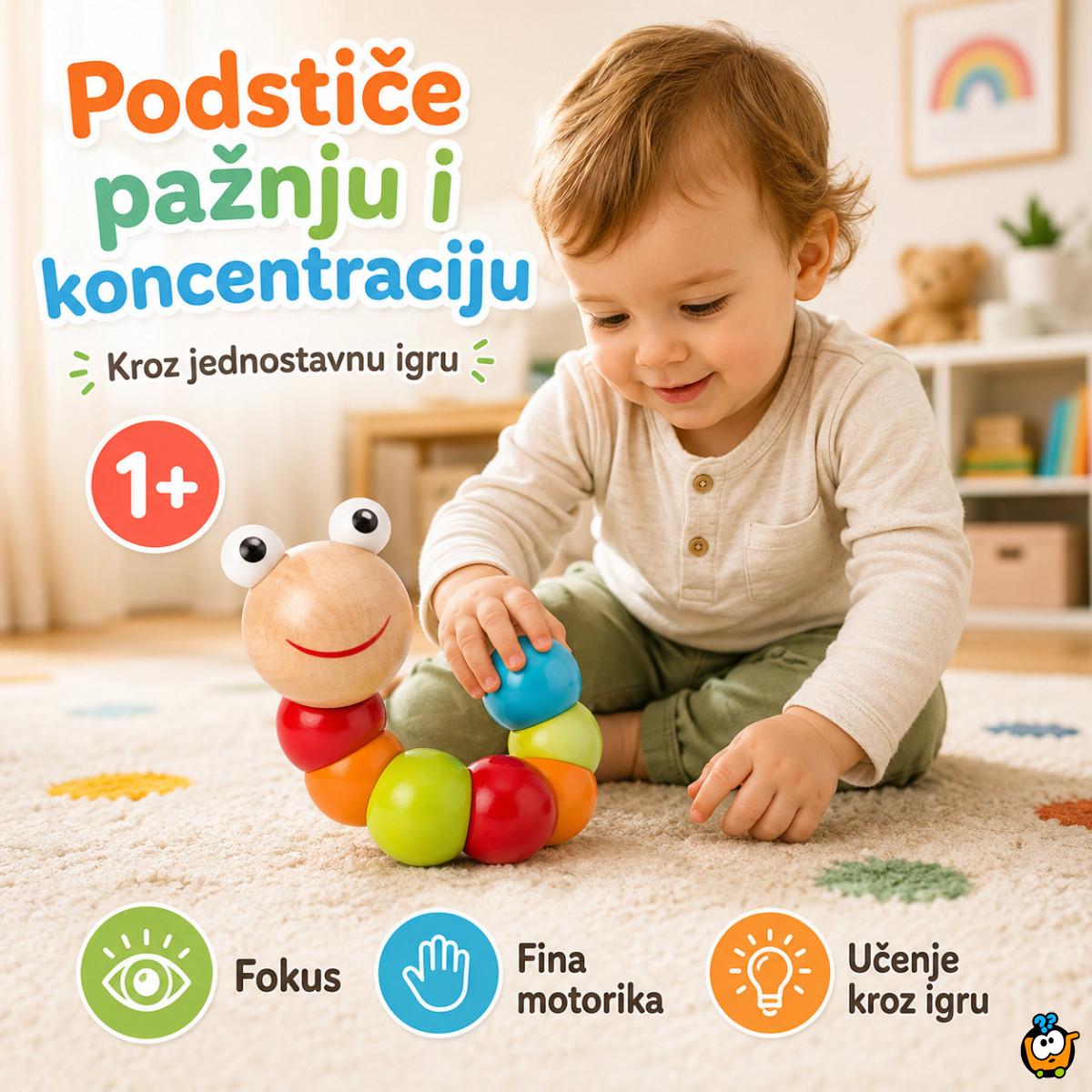 Drvena gusenica za decu – edukativna igračka za boje, motoriku i slaganje