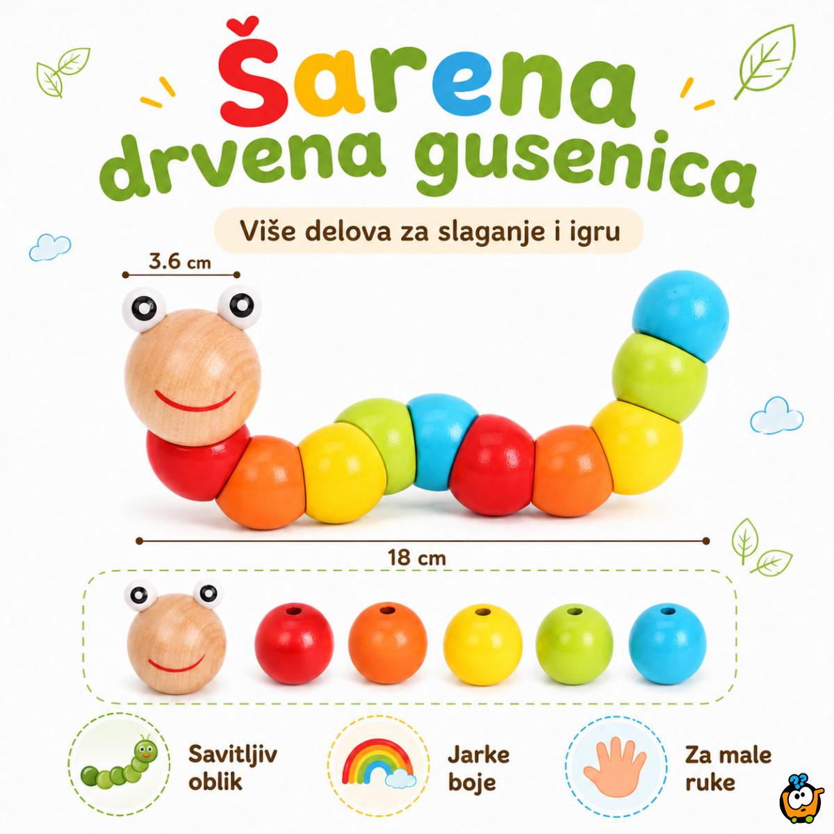Drvena gusenica za decu – edukativna igračka za boje, motoriku i slaganje