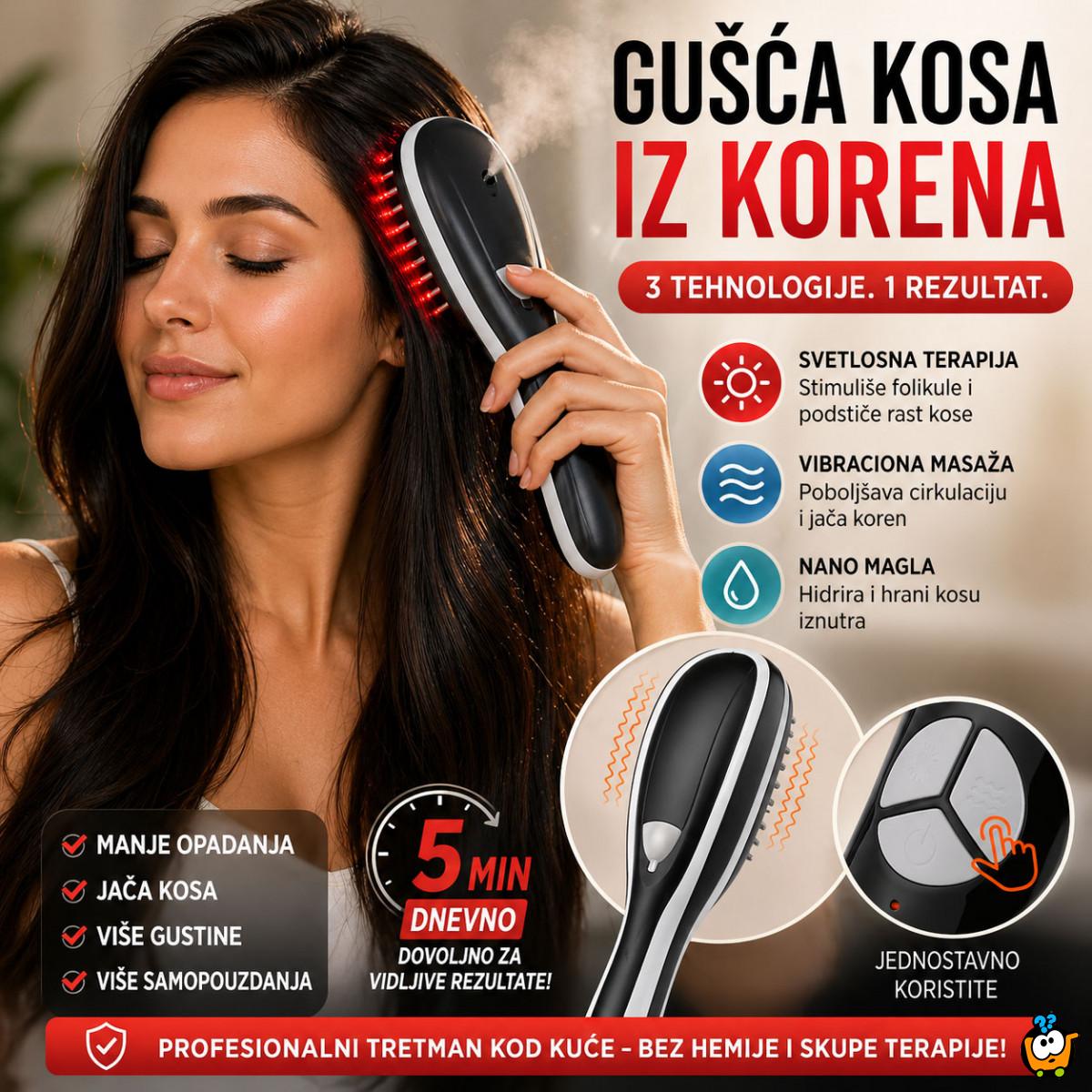 Pametna Četka za rast kose 3u1 – Svetlosna terapija, vibracija i nano magla