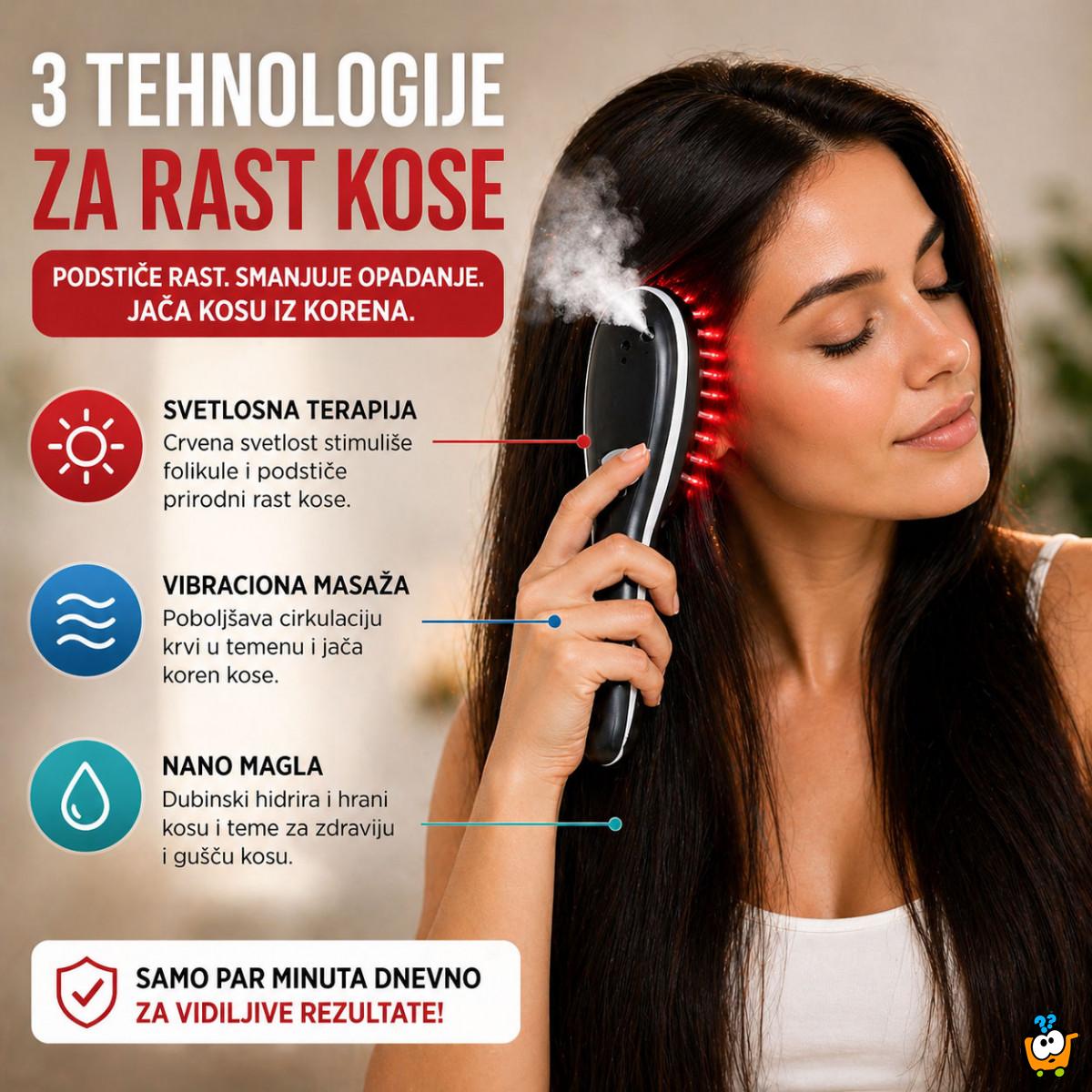 Pametna Četka za rast kose 3u1 – Svetlosna terapija, vibracija i nano magla