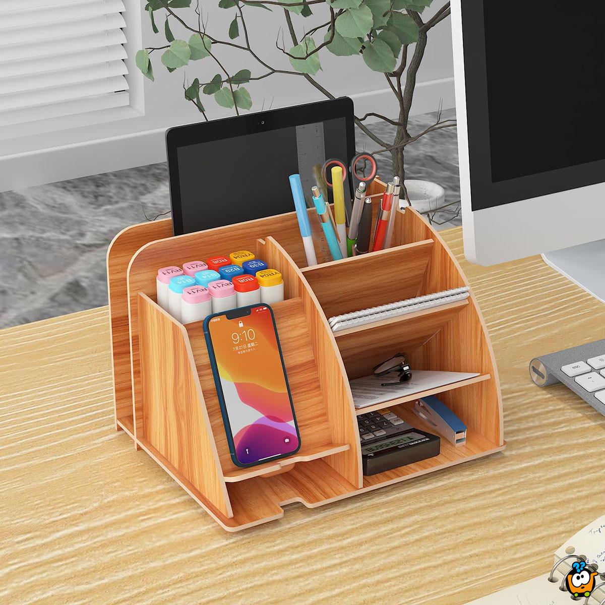 Brown Desk Organizer - Stoni organizer za odlaganje telefona i kancelarijskog pribora