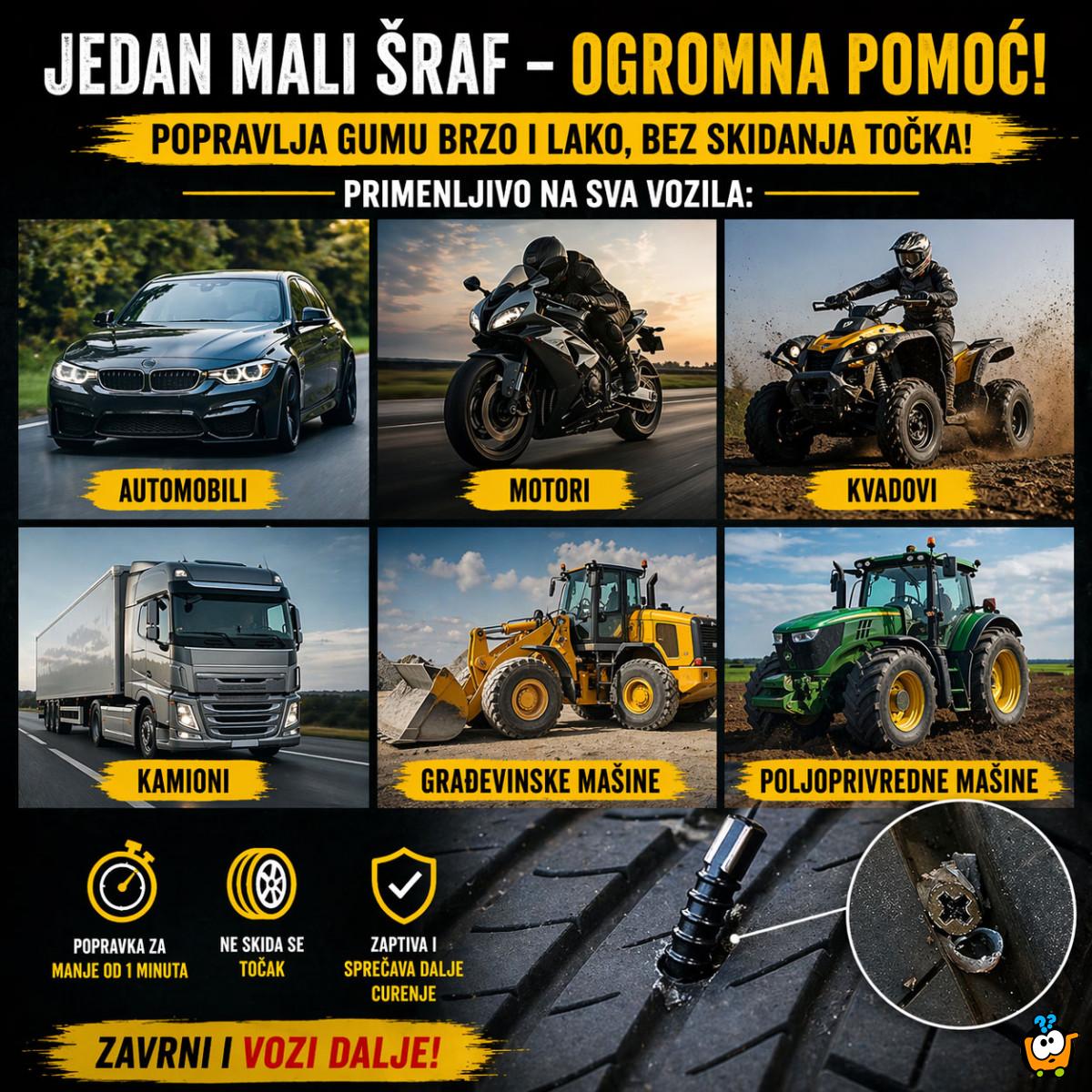 Magični šrafovi za gume - Popravi gumu za 30 sekundi – bez vulkanizera!