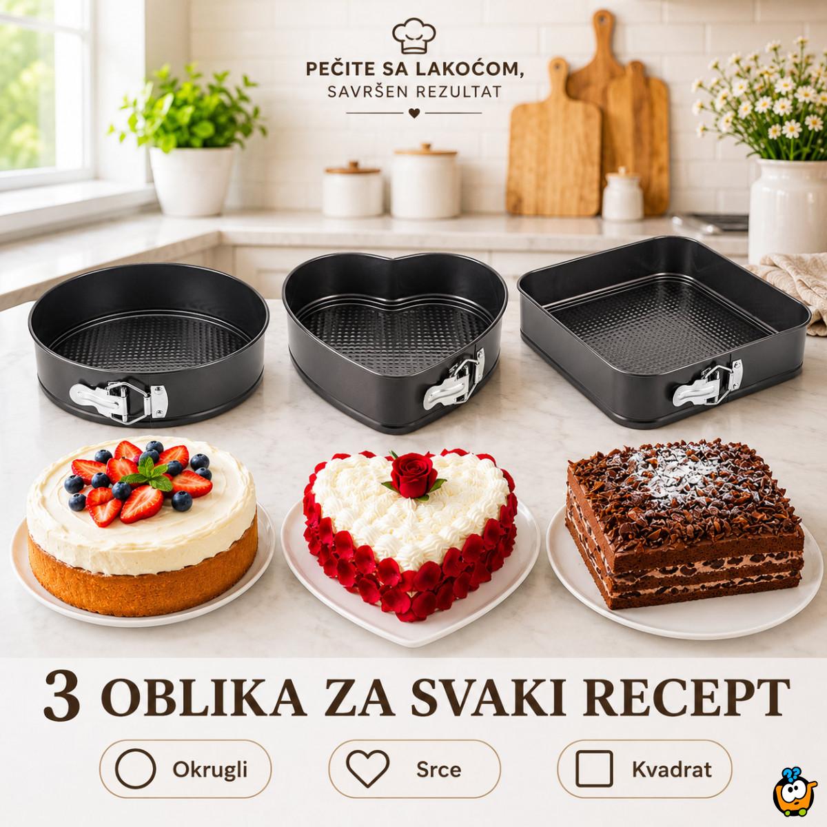 Set od 3 springform kalupa za torte i kolače – okrugli, kvadratni i srce