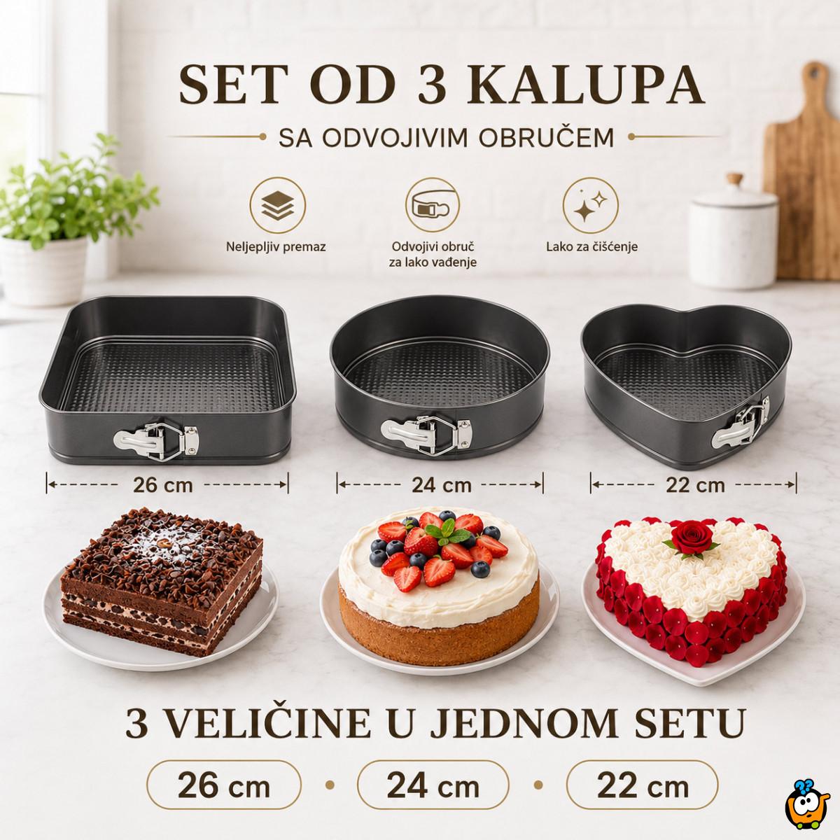 Set od 3 springform kalupa za torte i kolače – okrugli, kvadratni i srce