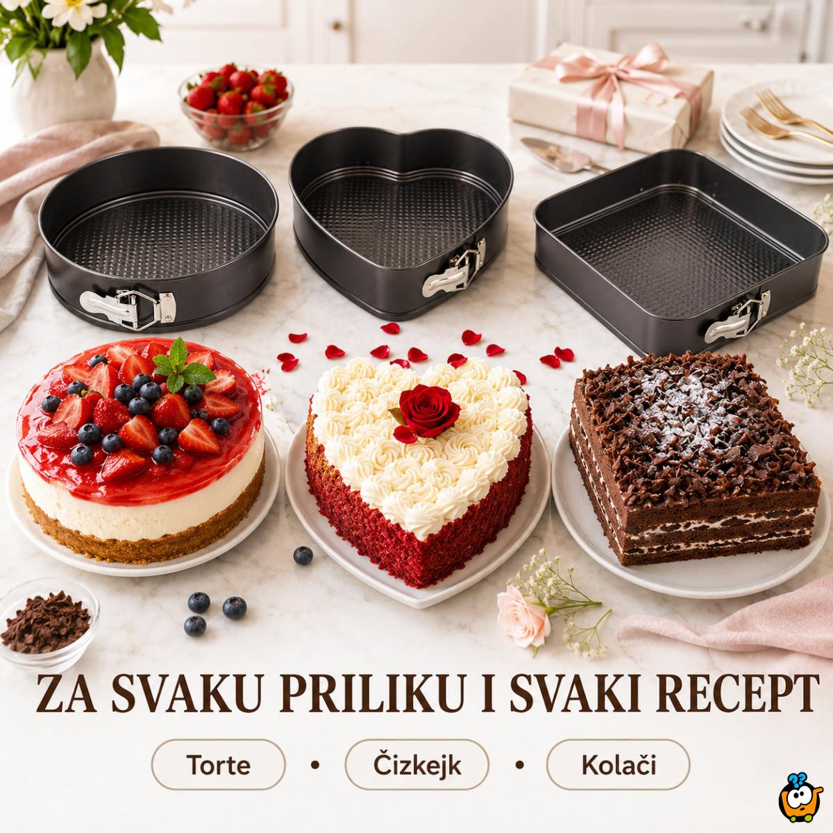 Set od 3 springform kalupa za torte i kolače – okrugli, kvadratni i srce