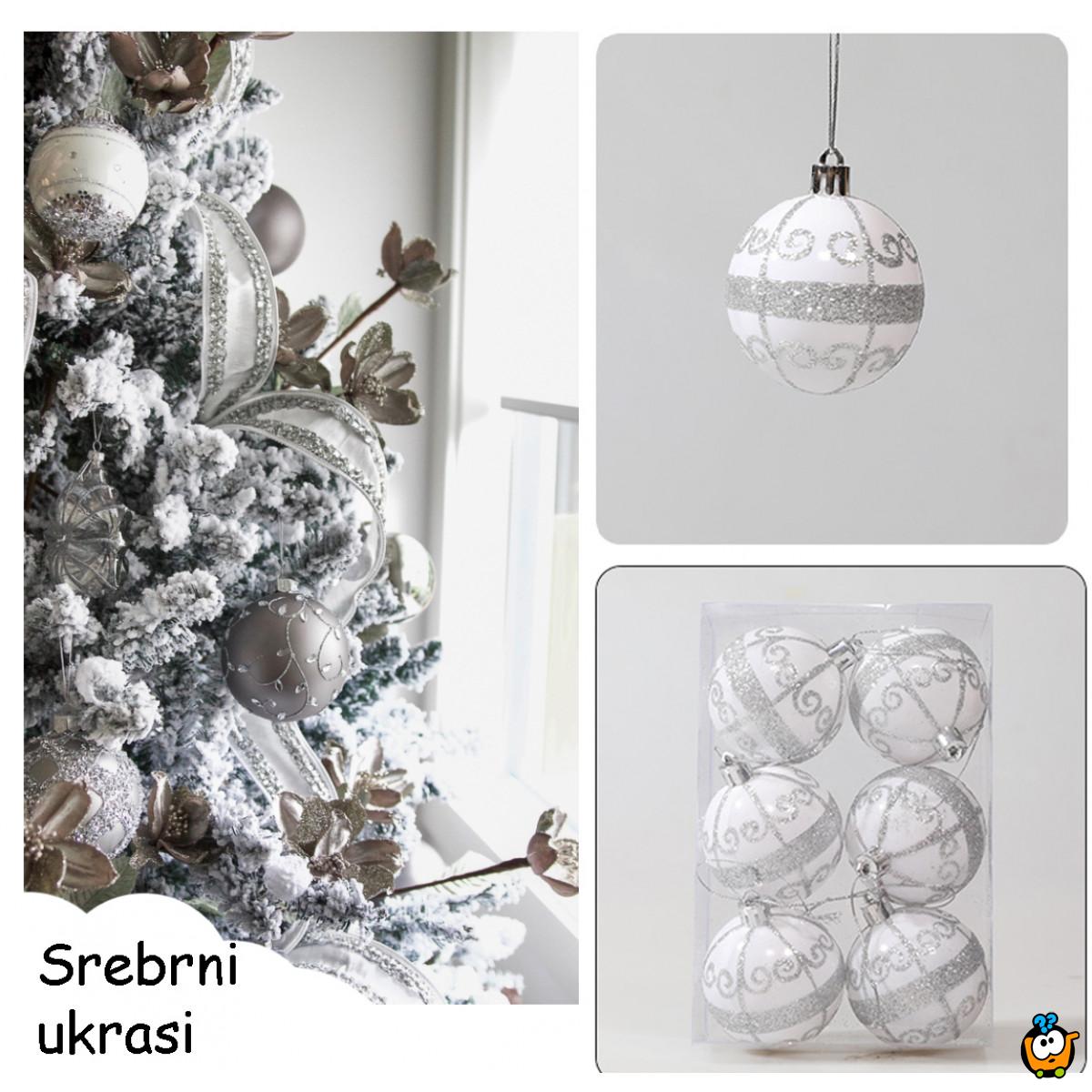 Silver Glow - Set od 6 srebrnih ukrasnih kugli za jelku sa svetlucavim šarama