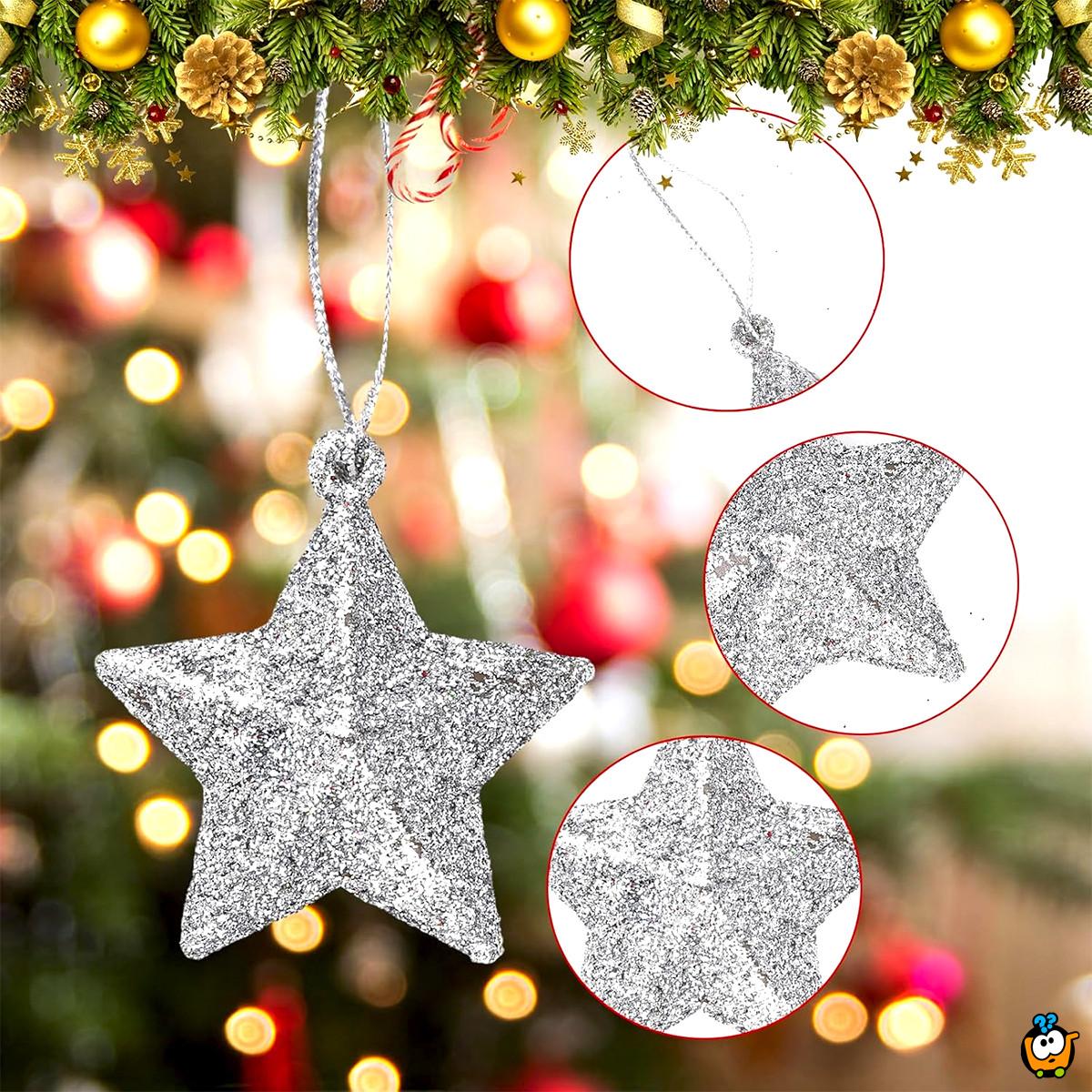 Silver stars - Set od 6 SREBRNIH zvezda ukrasa za jelku