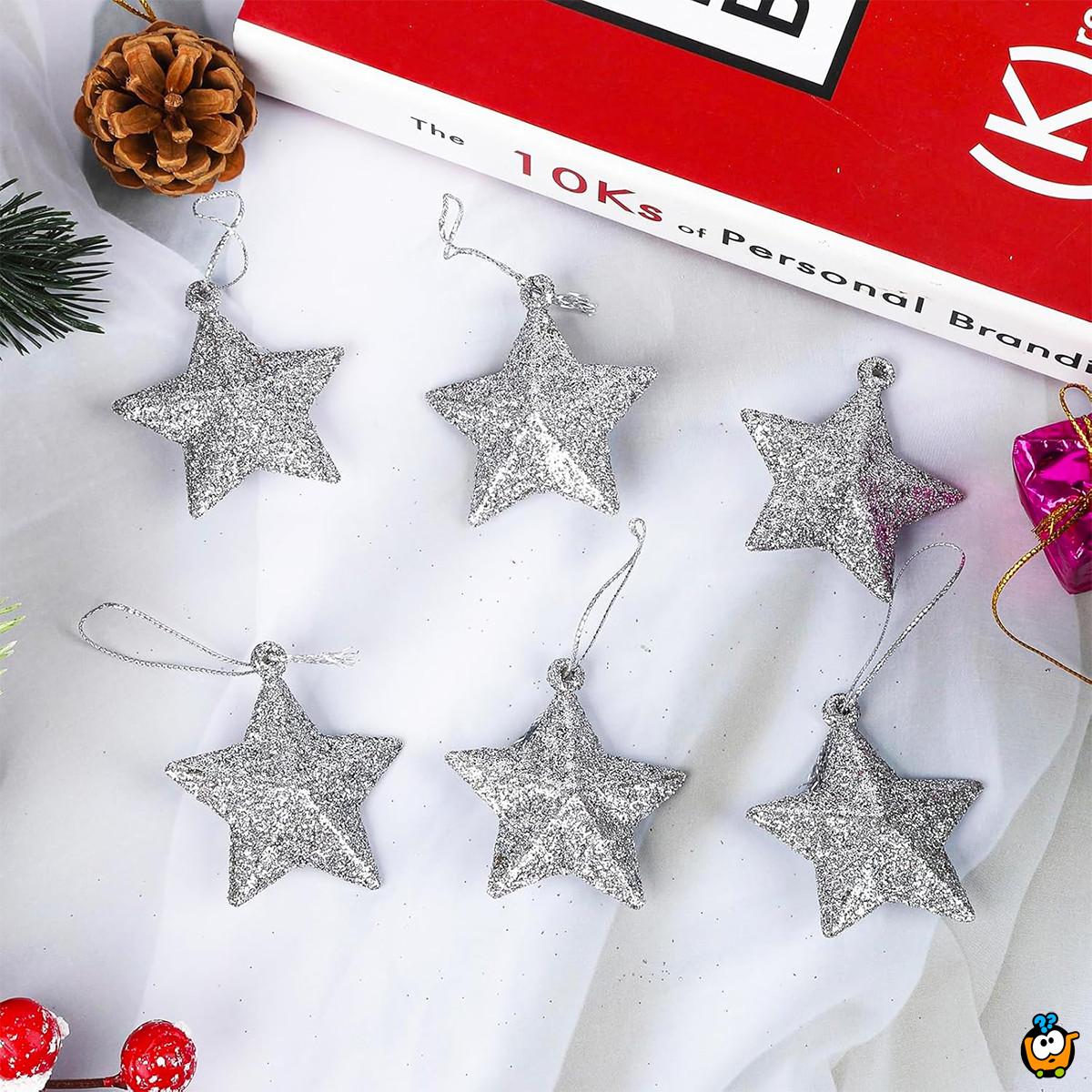 Silver stars - Set od 6 SREBRNIH zvezda ukrasa za jelku