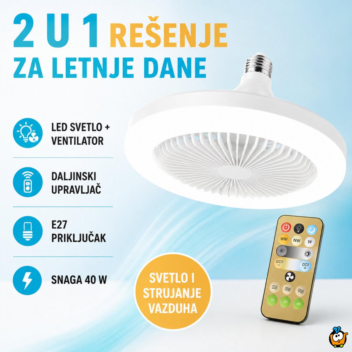 Plafonski LED ventilator 2 u 1 sa klasičnim E27 grlom i daljinskim upravljačem – 40 W