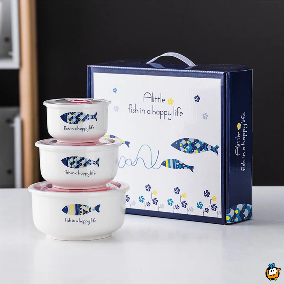 Set keramičkih činija sa poklopcem u poklon pakovanju - Happy Fish