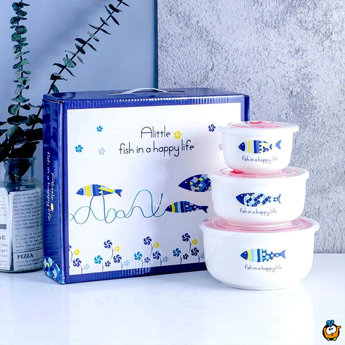 Set keramičkih činija sa poklopcem u poklon pakovanju - Happy Fish