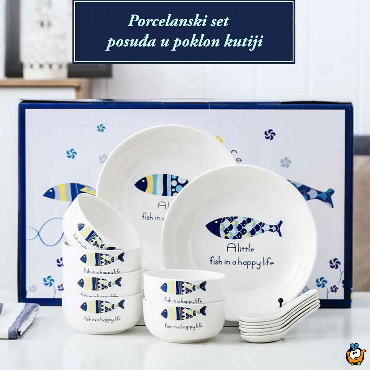 Happy Sea Life - porcelanski set tanjira i činija sa kašikama u poklon pakovanju