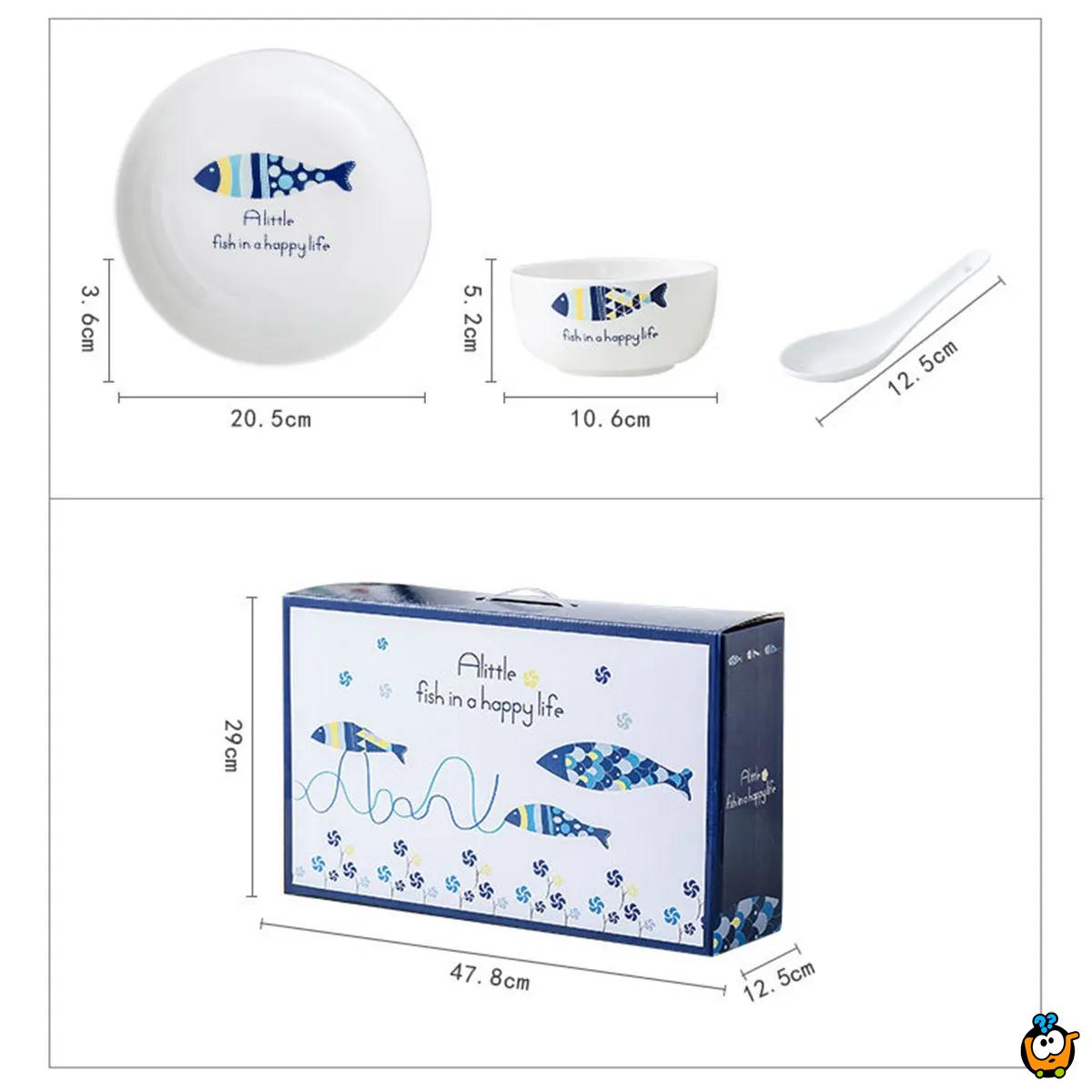 Happy Sea Life - porcelanski set tanjira i činija sa kašikama u poklon pakovanju