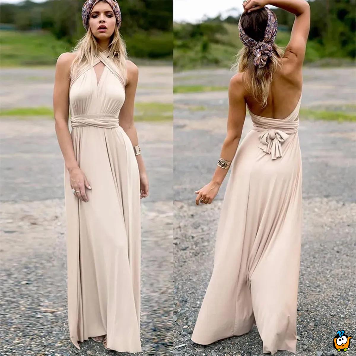 Diana Beige Long Dress – Bež elegantna haljina sa različitim mogućnostima vezivanja