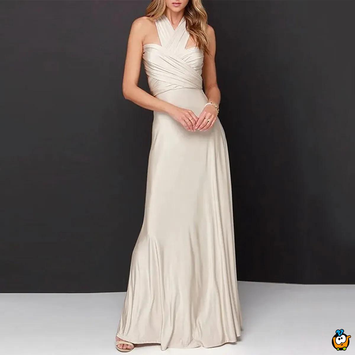 Diana Beige Long Dress – Bež elegantna haljina sa različitim mogućnostima vezivanja
