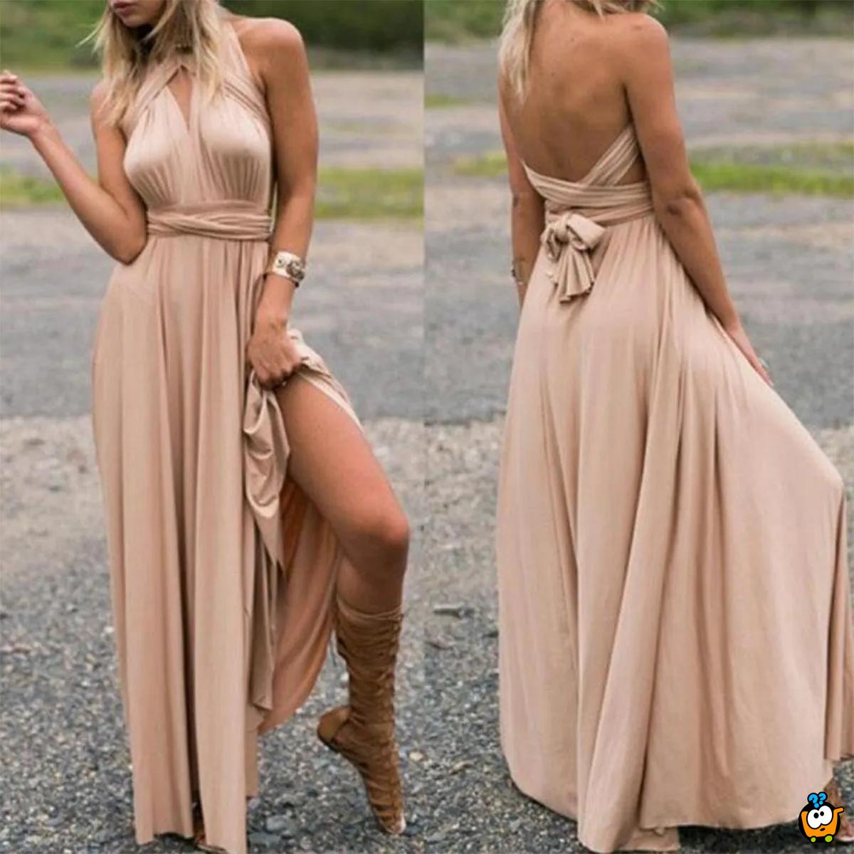 Diana Beige Long Dress – Bež elegantna haljina sa različitim mogućnostima vezivanja
