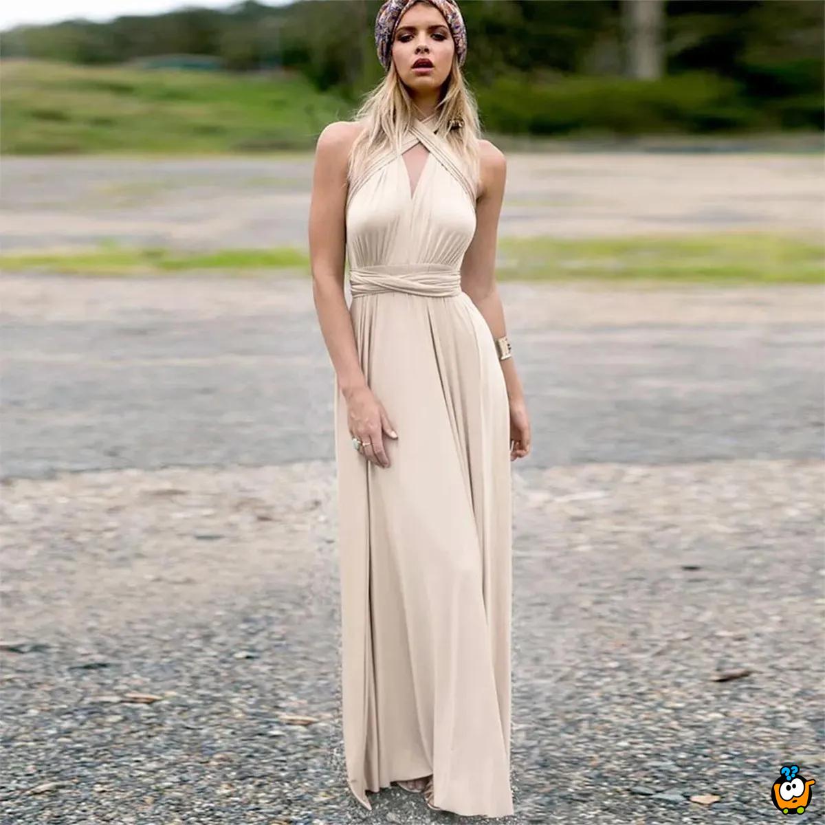 Diana Beige Long Dress – Bež elegantna haljina sa različitim mogućnostima vezivanja