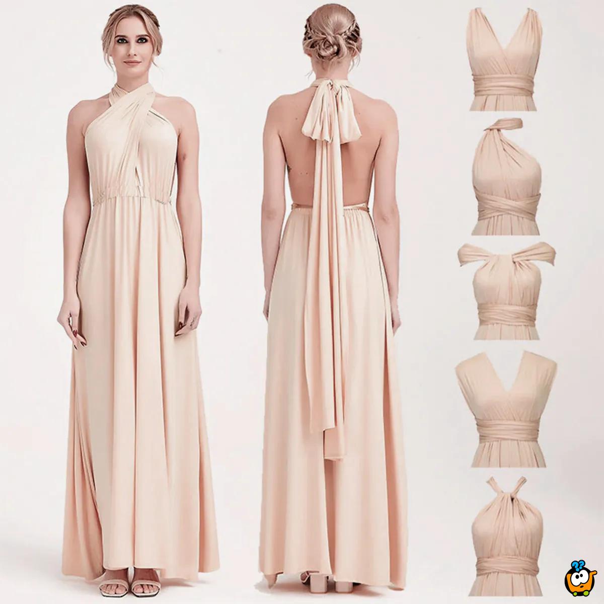 Diana Beige Long Dress – Bež elegantna haljina sa različitim mogućnostima vezivanja