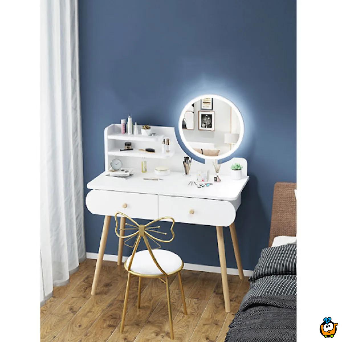 Toaletni stočić za šminkanje sa LED ogledalom na dodir - WHITE WOOD MAKE-UP