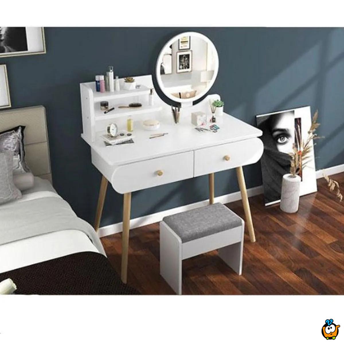 Toaletni stočić za šminkanje sa LED ogledalom na dodir - WHITE WOOD MAKE-UP
