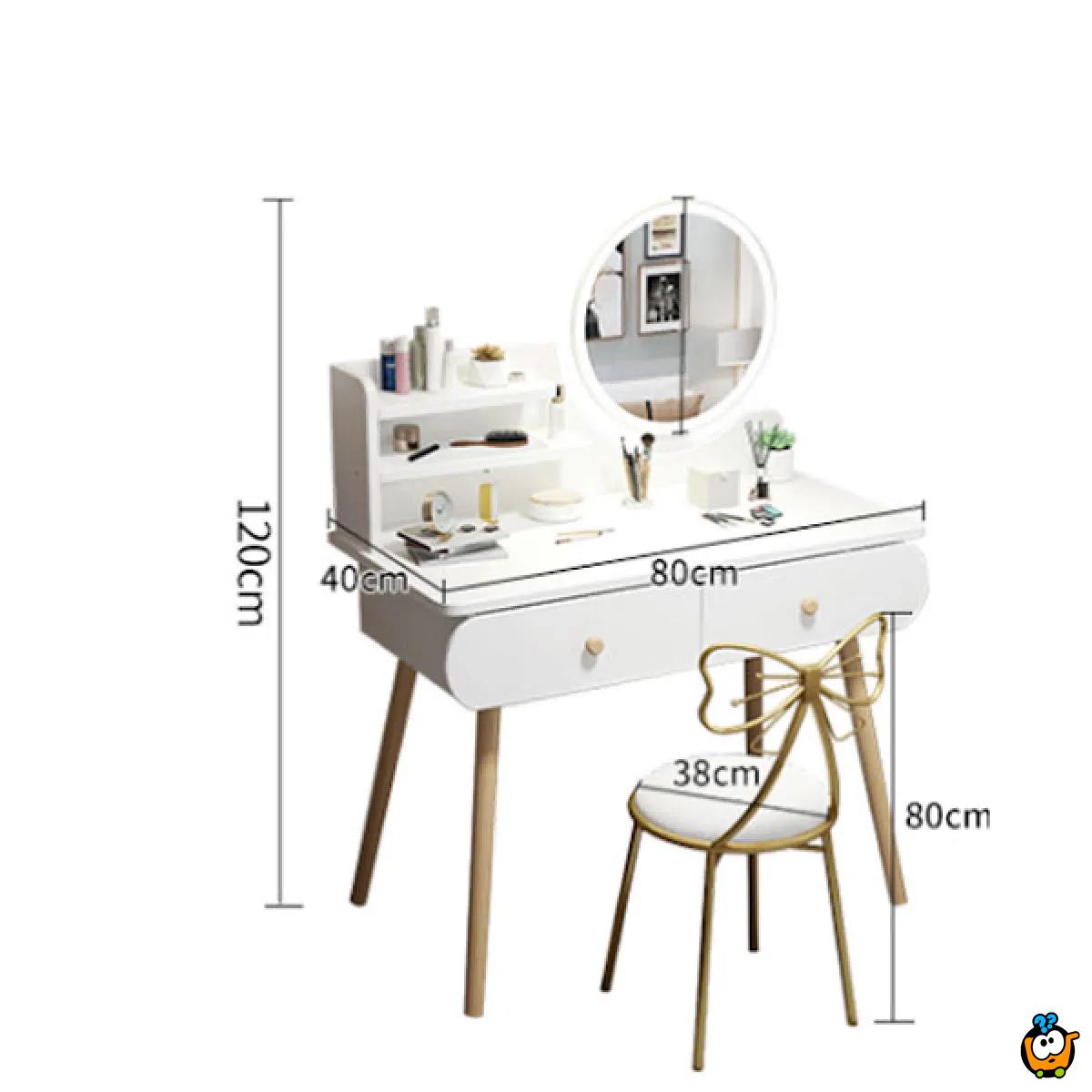 Toaletni stočić za šminkanje sa LED ogledalom na dodir - WHITE WOOD MAKE-UP